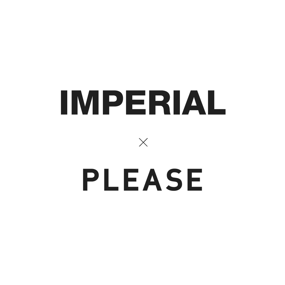 Logo minimalista della collaborazione tra due brand di moda 'IMPERIAL X PLEASE' su sfondo bianco. Il design è essenziale con tipografia in nero e una piccola X a separare i due nomi.