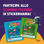 Pubblicità promozionale di Stickermania su sfondo viola. Mostra due album di figurine colorati (blu e verde) con personaggi cartoon e il logo Despar. Il testo recita 'Partecipa allo scambio figurine di Stickermania!' con prezzi €0,50 e 'Gratis'. Include mascotte robotica con occhiali.